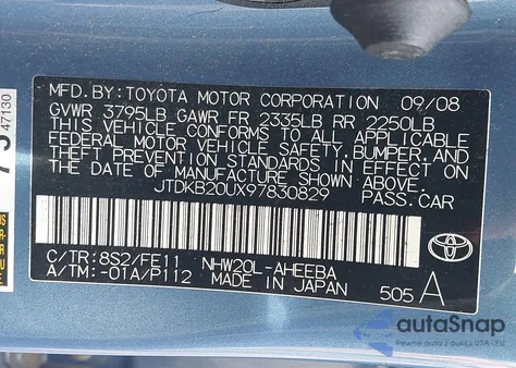 2009 Toyota Prius из США, поврежденный, VIN JTDKB20UX97830829